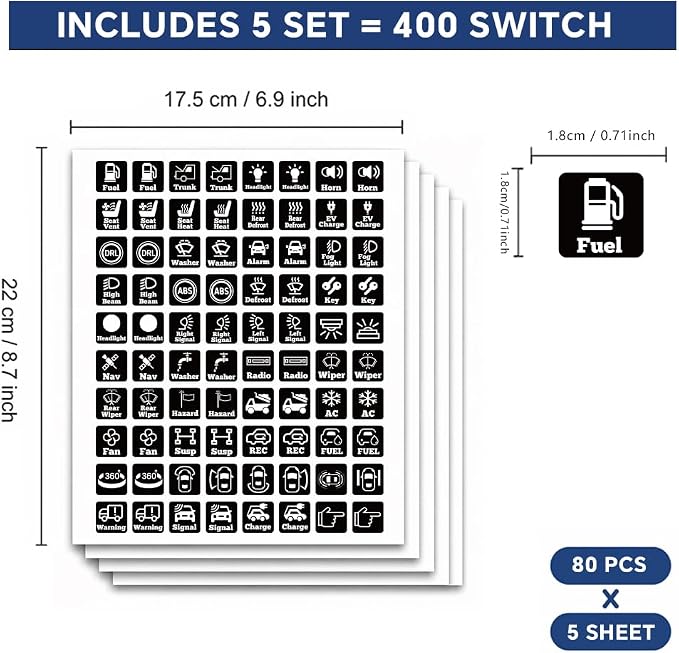 400 Pcs Car Switch Panel Sticker, 44 Designs Black Auto Switch Label Dashboard Symbol Stickers Universal Car Air Conditioning Light Wiper Fuel Icon Decals for Most Vehicles, 0.71x0.71 Inch