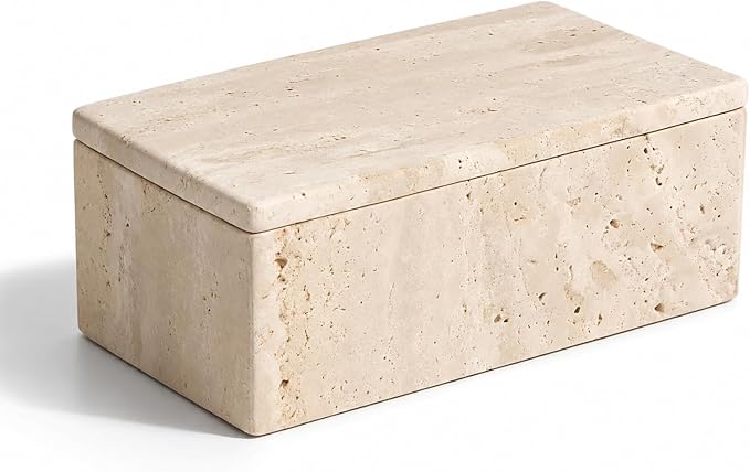 Natural Travertine Rectangular Box with Lid | Natural travertine box for jewelry, makeup pads, clips and dry small vanity essentials.