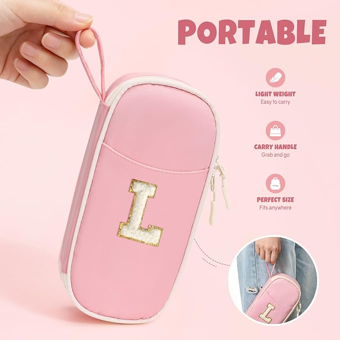 SUNEE Cute Pencil Case, Kawaii Big Capacity Pencil Pouch, Personalized Initial Pencil Bag with Zipper, Stationery Storage and Organizer, Back to School Supplies, Pen Box for Girls & Boys, Teen, L-Pink