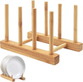 Bamboo Dish Drying Rack for Kitchen Counter, 3 Slots Plate Organizer Stand for Cups Cutting Board Pot Lid Books, Space Saving Bamboo Rack for Cabinet Display