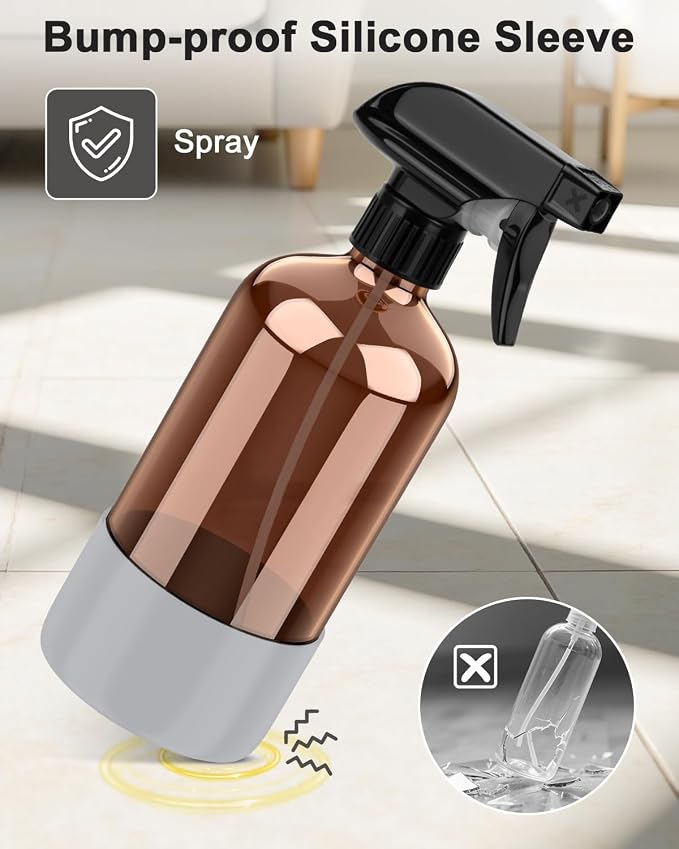 Bontip Amber Glass Spray Bottle with Silicone Sleeve Protection, 16 oz Refillable Spray Bottles for Cleaning Solutions, Plants, Aromatherapy, Facial Hydration (1, Grey, 16 oz)