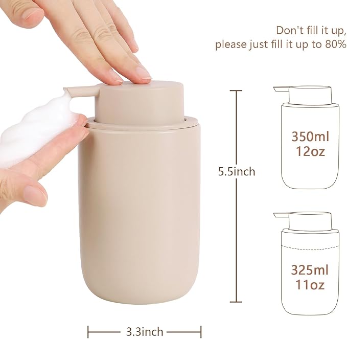 BosilunLife Foaming Soap Dispenser Set - Khaki Ceramic Foam Hand Dispenser 12oz Soap Dispenser Set with Rust Proof Pump, 4Pcs Clear Stickers for Kitchen, Bathroom - 2 Pack