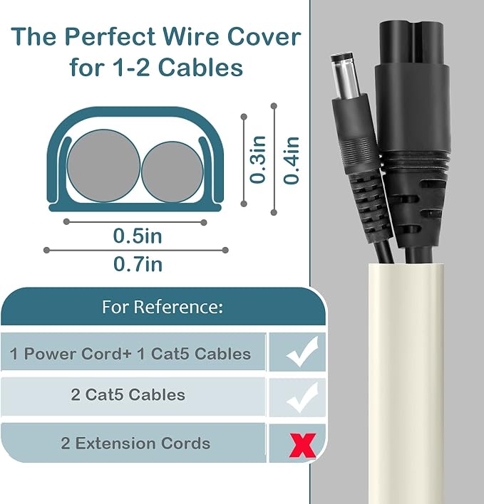 Wire Covers for 2 Cords, 116.5in Cord Hider On Wall Mounted, Beige Cord Cover Kit, Cable Cover Paintable, Cable Concealer for Extension Cord, Ethernet Cable, Speaker Wire Hider, W0.7in H0.4in