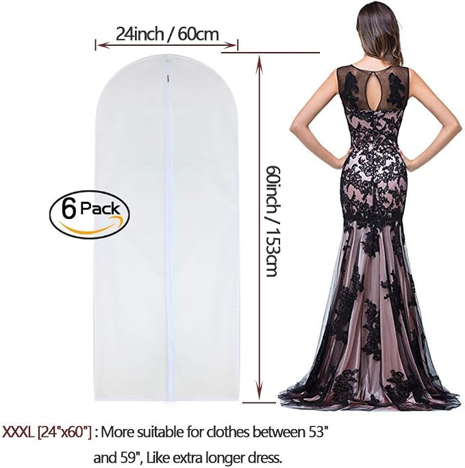 Garment Bag Clear for Long Dress 24'' x 60'' Zippered Garment Bags for Hanging Clothes White Breathable Full Zipper Dust Cover for Clothes Storage Closet Pack Of 6