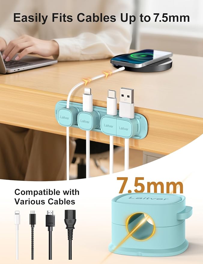 6 Pack Magnetic Cable Clips [1s Open/Lock], Cord Organizer Holder | Strong Adhesive Desk Cable Management- Organize Charging Cords Neatly for Home, Office, Car,Desk, Nightstand-Blue