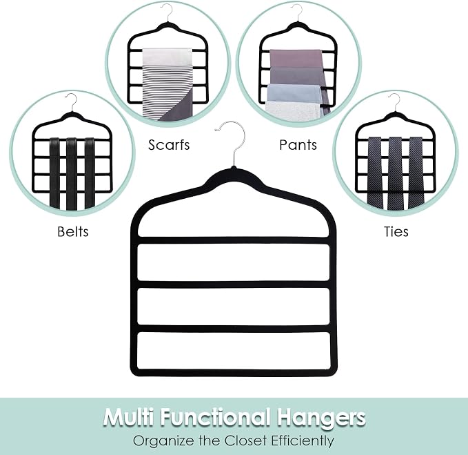 Velvet Hangers Space Saving Non Slip Pant Velvet Hangers, DUDUCOFU 8 Pack Black Multi Layer Clothes Hangers Closet Organizer for Pants Trousers Scarf