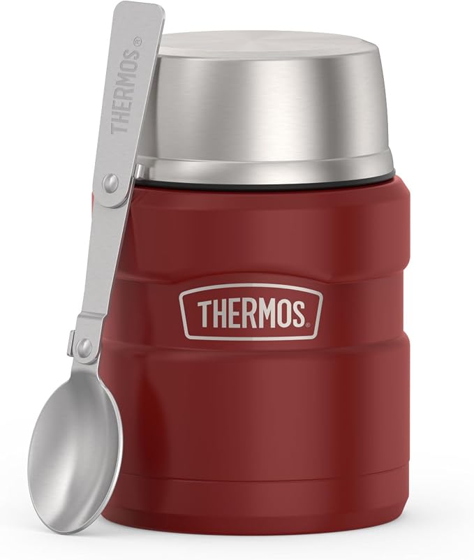 THERMOS Stainless King Vacuum-Insulated Food Jar with Spoon, 16 Ounce, Matte Red