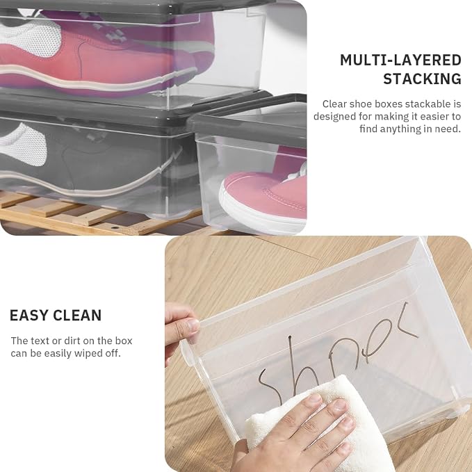 Clear Shoe Boxes Plastic Storage Bins with Lid,Lidded Shoe Boxes | Close,Stackable,Widely Used,See Through,Easy to Clean,Durable,Clear,Handle