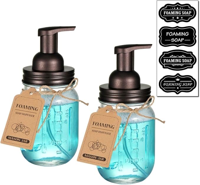 SheeChung Mason Jar Foaming Soap Dispenser-Rustproof Stainless Steel Lid & Foaming Soap Pump, Refill Foam Hand Soap Dispenser Glass for Bathroom Kitchen Vanities, Countertops-Bronze (2 pk)
