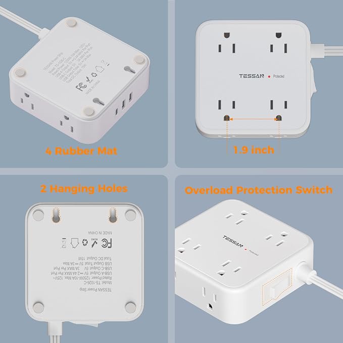 TESSAN Surge Protector Power Strip with 900J Surge Protection, 15 Ft, White | 8 AC with 3 USB Ports, Flat Plug Extension Cord, 3 Sided Outlet Extender with Power Switch