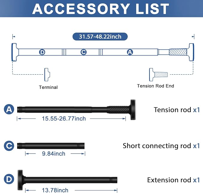 Tension Curtain Rod 32-48Inch Black Shower Rod Tension Rod Adjustable Curtain Rods no Drilling Curtain Rods for Bathroom,Windows,Closets,Doorway