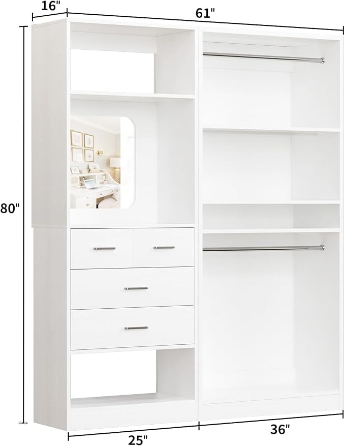 Unikito 61" Closet System, Heavy Duty Wood Closet Organizer with 2 Hanging Rods, Walk-in Wardrobe Garment Rack with Adjustable Shelves, Free-standing Clothing Rack, White
