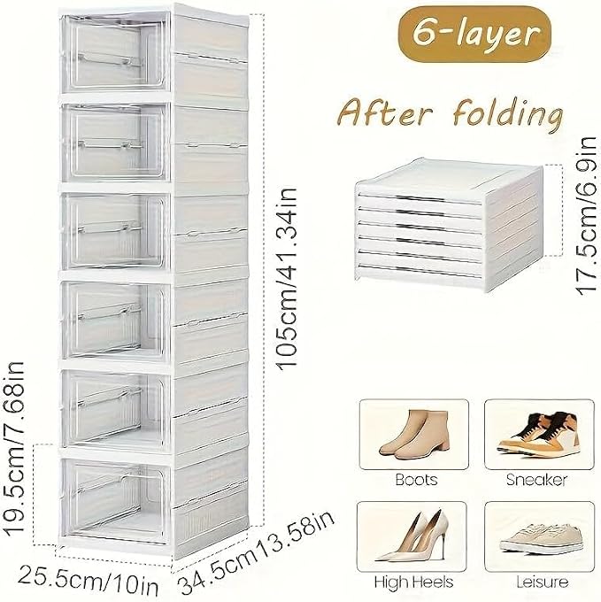 6-Tier Clear Shoe Storage Boxes, Collapsible, No Assembly | Six plastic compartments fold flat when not in use and stack vertically, with transparent doors for easy viewing and access.