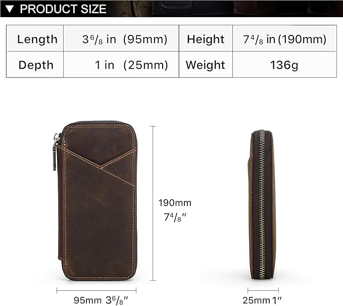 CONTACTS Full Grain Crazy Horse Leather Pencil Case Handmade Vintage Zipper Pen Holder Pouch with Card Slot Pens Organizer Pockets Stationery Bag for Men