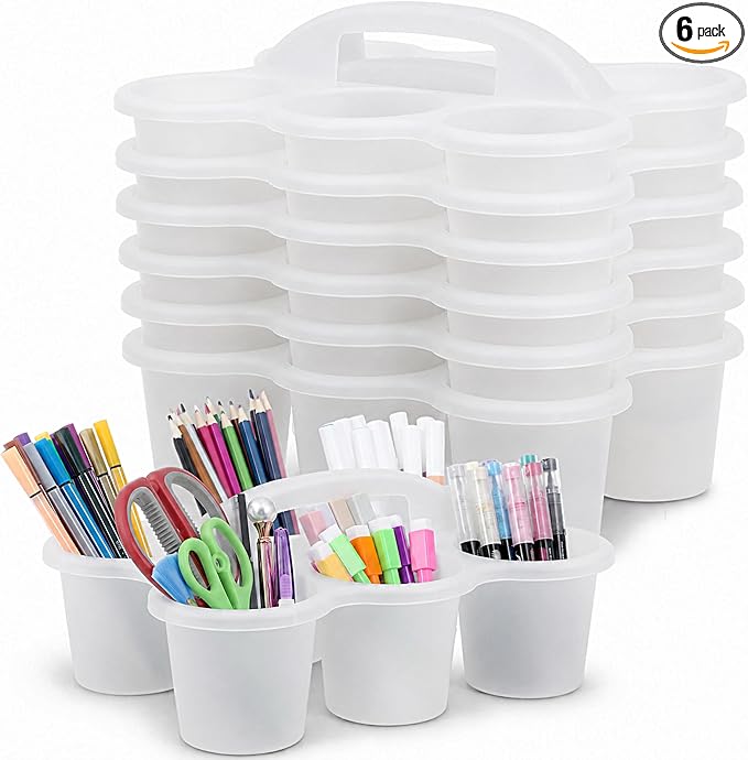 Plastic Caddy with Handle Set of 6 Classroom Caddy Organizer Cup Caddies Water Bottle Storage Crayon Caddies Plastic Cup Holder Drink Carrier for School Home Office Supplies (Clear)