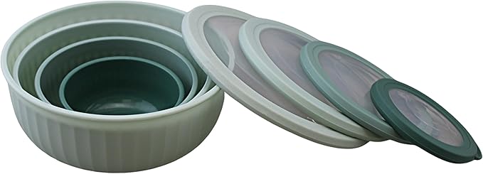 Set of 4 BPA-Free Round Food Storage Containers Vented Lids Assorted Sizes, Microwave & Freezer Safe Nesting Design for Leftovers Meal Prep Fridge Organization Dry Grains (Green)