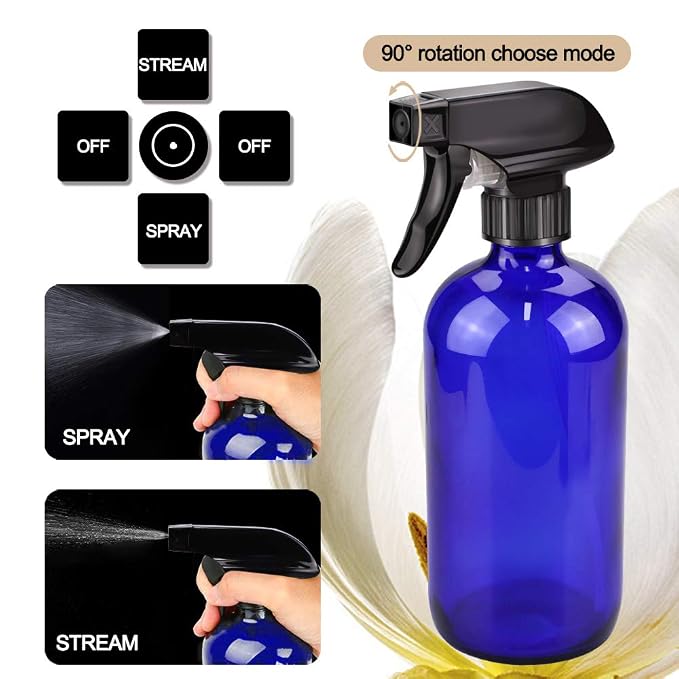 Loretoy Glass Spray Bottle Kit×10 (2×16 oz, 2×4 oz, 6×2 oz), 9×10 ml Roller Bottles, Anti UV, Multi Size and Versatile, Suitable for Aromatherapy, Facial Moisturizing, Watering, etc.(Blue