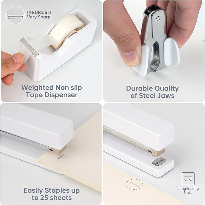 White Office Supplies for Kids, White Desk Office Supplies and Accessories for Kids, Stapler and Tape Dispenser Set for Women, Office Gift for Women, Office Lady, Coworkers, Office Clerks, Kids
