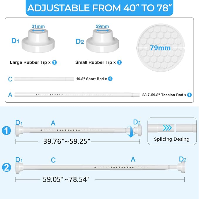 AIZESI Heavy Duty Tension Curtain Rod No Drilling Adjustable Shower Curtain Rod 40-78 Inch Spring Loaded Curtain Rods for Window, Bathroom, Doorway & Closet, Renter Friendly, 1.25"Diameter, White