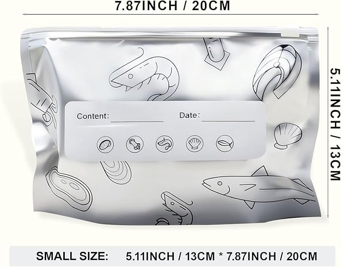 Aluminum Foil Food Storage Bags, Reusable Freezer Bags for Refrigerator, Stand Up Airtight Vacuum Sealer Bags, Heavy Duty Smell Proof Lock Freshness, Perfect for Meat, Vegetables (30, Small)