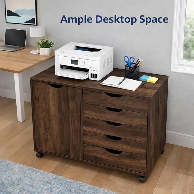 Naomi Home Wooden 5 Drawer Office File Cabinet with Shelves and Wheels, Mobile Storage Cabinet with Drawers for Home Office, Ideal for Under Desk or Printer Stand Use in Brown Oak