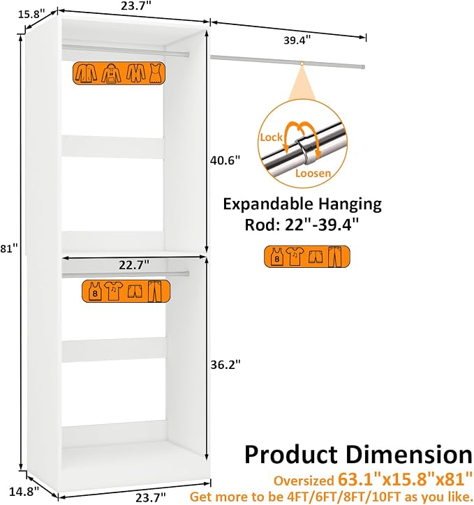 Closet System with 3 Hanging Rods& Shelf , 2FT Small Closet Organizer System Wood with Extra Side Hanging Rod for Walk in Closet Storage, Modular Closet Systems, White(2FT)