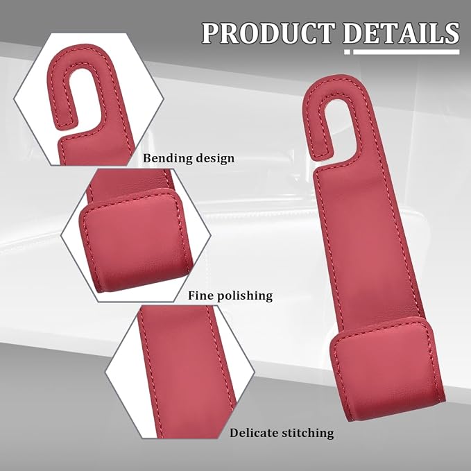 Osilly 2PCS Car Seat Headrest Hook, Leather Stylish Vehicle Backseat Hanger Organizer for Purse Handbag Umbrella, Automotive Seat Back Hanging Storage Holder Hook, Universal for Vehicles (Red)