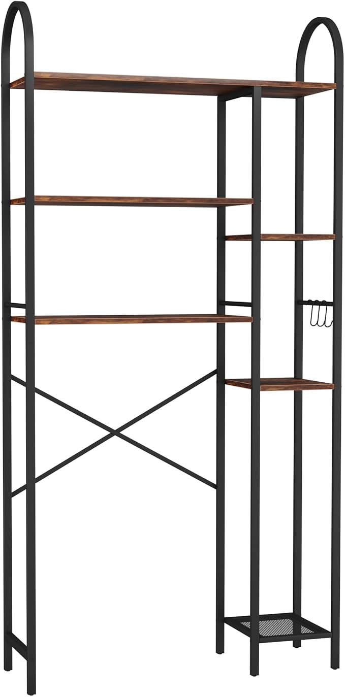HOMEFORT Over The Toilet Storage with Side Rack, 6-Tier Over Toilet Storage Rack with Adjustable Shelf, Space Saver Bathroom Organizer for Laundry, Balcony, Kitchen,31.5"W x 9.4"D x 65"H,Rustic Brown