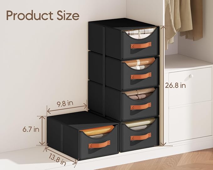 Homsorout Stackable Storage Drawers - Collapsible Storage Bins with Drawers, 4 Pack Closet Shelf Organizer Basket, Fabric Pull Out Organizer for Bedroom, Living Room, Dorm, Black