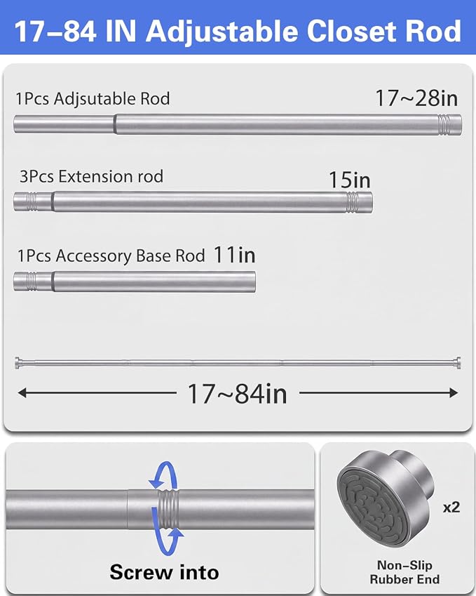 Closet Rod, No Drill Tension Closet Rod for Hanging Clothes, 17-84in,Silver | Quick Tool-Free Install, Non-Slip Rubber Ends Grip Securely, Heavy-Duty Rod Supports Up To 66 lb In Closet, Laundry Rooms, RV