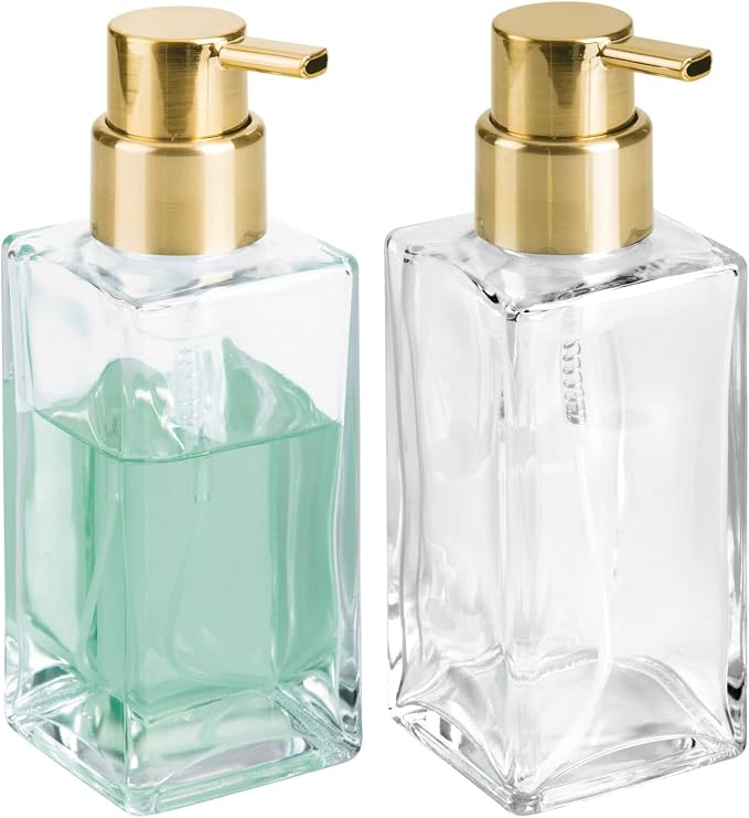 mDesign Glass Refillable Foaming Hand Soap Dispenser Modern Square Pump Bottle for Bathroom Vanities or Kitchen Sink, Countertops - 2 Pack - Clear/Soft Brass