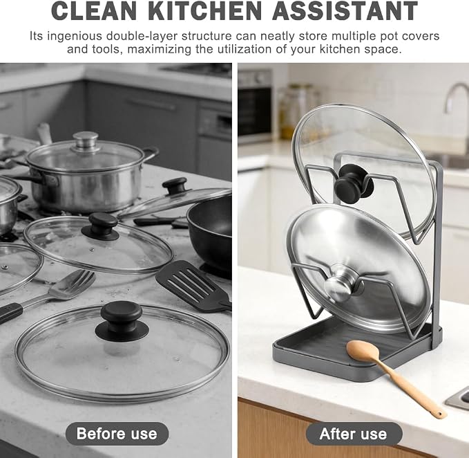 Kitchen Pot Lid Storage Rack, 2-Tier Stainless Steel Pan Lids Holder with Detachable Drip Tray While Cooking, Multifunctional Countertop Organizer for Pan Storage