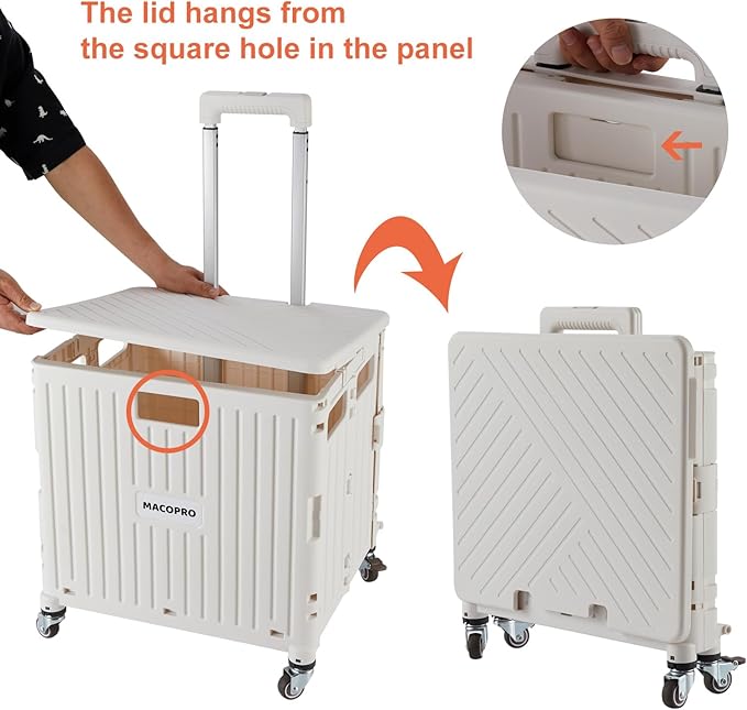 Foldable Utility Cart Folding Portable Rolling Crate Handcart with Durable Heavy Duty Plastic Telescoping Handle Collapsible 4 Rotate Wheels for Travel,Shopping, Luggage, Office, Teacher(White)