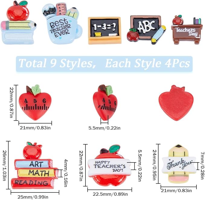 SUNNYCLUE 1 Box 40Pcs Teacher's Day Charms Flatback School Resin Cabochons Best Teacher Students Charm Chalkboard Red Apple Fruit Books Pencils Cabochon for Jewelry Making Scrapbooking Embellishments