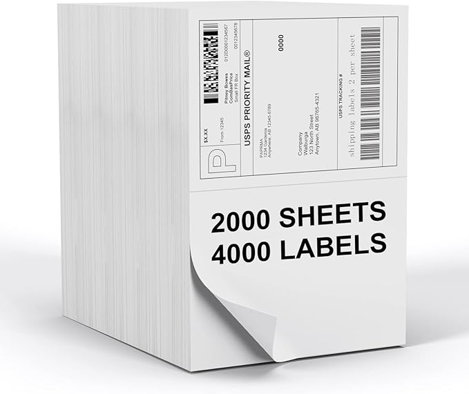 Half Sheet 8.5x5.5inch Shipping Mailing Label 4000 Counts, 2 Labels Per Sheet 8.5 x 11 for Laser & Inkjet Printer, Permanent Adhesive Label Square Corner (2000 Sheets)
