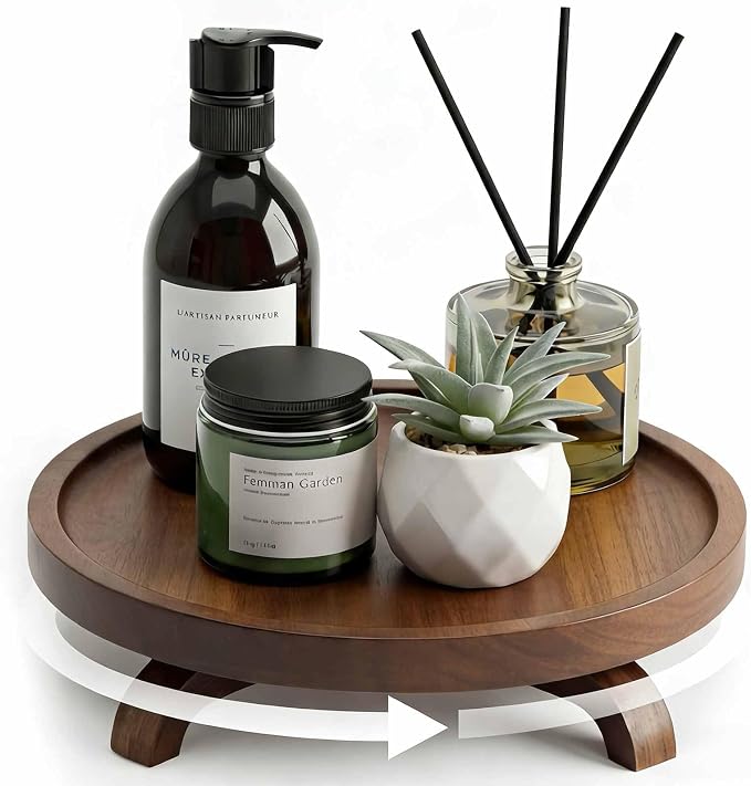10" Solid Wood Lazy Susan Turntable Organizer for Cabinet, Pantry, Kitchen Countertop - Farmhouse Style with Raised Feet & Water-Resistant Coating, Rustic Bathroom Vanity Tray and Dining Table Decor