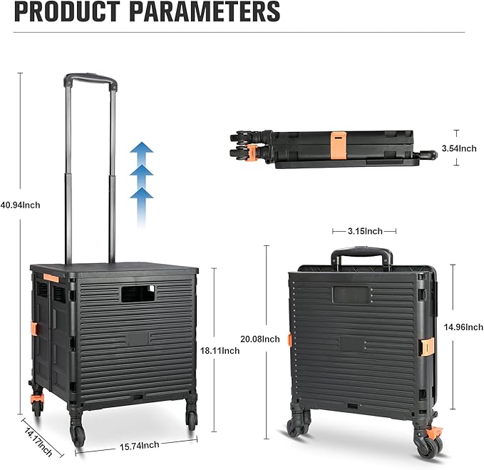 Quick Utility Cart Folding Portable Rolling Crate Handcart with Durable Heavy Duty Plastic Telescoping Handle Collapsible 4 Rotate Wheels for Travel Shopping Moving Luggage Office Use