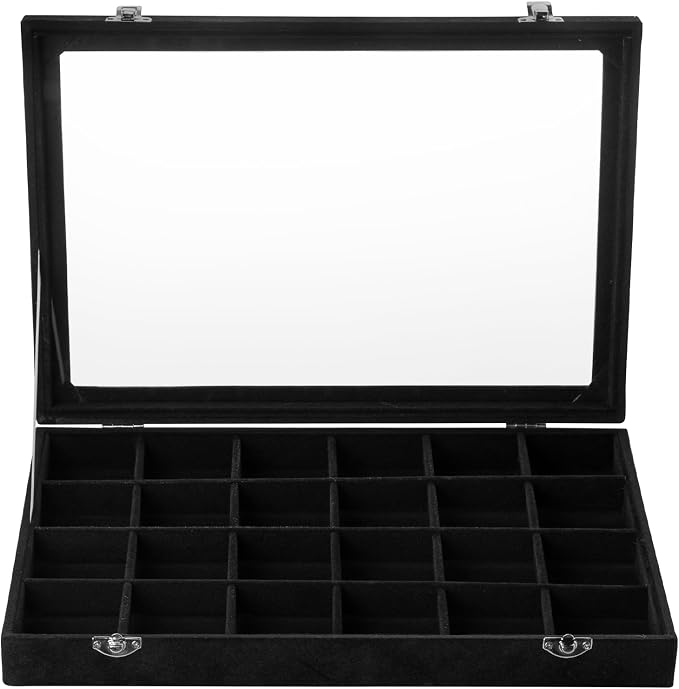 Frebeauty 24 Grid Earring Organizer,Velvet Jewelry Tray with Clear Lid | Drawer Jewelry Organizer for Rings Studs Brooch,Adjustable Divider,Dustproof Design,Earring Storage,Trinket Box,13.8×9.5Inch