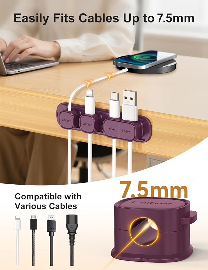 6 Pack Magnetic Cable Clips [1s Open/Lock], Cord Organizer Holder | Strong Adhesive Desk Cable Management- Organize Charging Cords Neatly for Home, Office, Car,Desk, Nightstand-Dark Purple