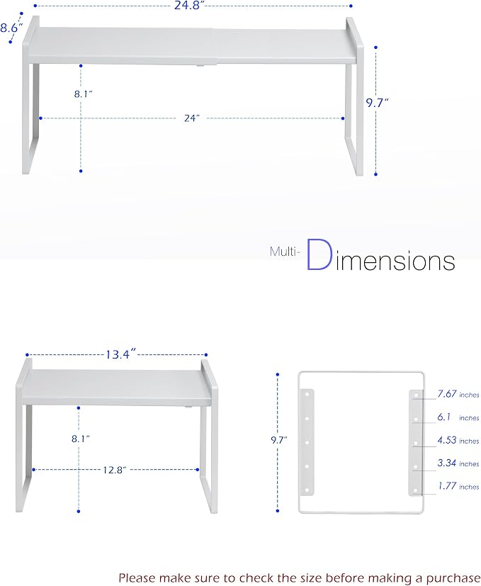 Nxconsu Expandable Cabinet Shelf Organizer Riser, 8.6" 1 Pack White | Heavy-Duty Steel Expandable Shelf Holds 50 lb, 5-Level Stackable Riser for Kitchen Cabinet Cupboard Pantry Counter Under Sink