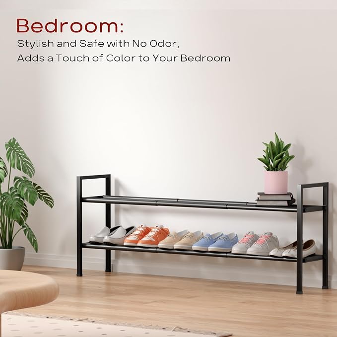 Bumusty 2-Tier Long Expandable Shoe Rack for Closet, 18"-44" Adjustable Shoe Rack for Entryway, 10-12 Pairs Large Shoe Organizer Shelf Storage, Sturdy Metal, Black