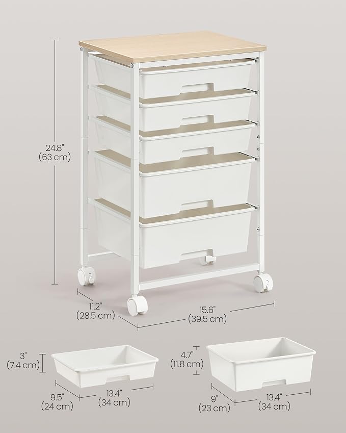 VASAGLE 5-Drawer Rolling Storage Cart, Mobile Organizer Trolley with Wood Top and Metal Frame, for Craft Room, Office, 15.6 x 11.2 x 24.8 inch, White, Benco Collection ULRC005W101