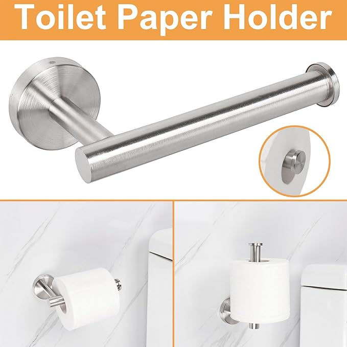 TocTen Bathroom Hardware Set, Thick Stainless Steel Bath Towel Bar Set Including Towel Rack for Bathroom+Toilet Paper Holder+3 Robe Towel Hooks Wall Mount Bathroom Accessory Set(16IN,Brushed Nickel)