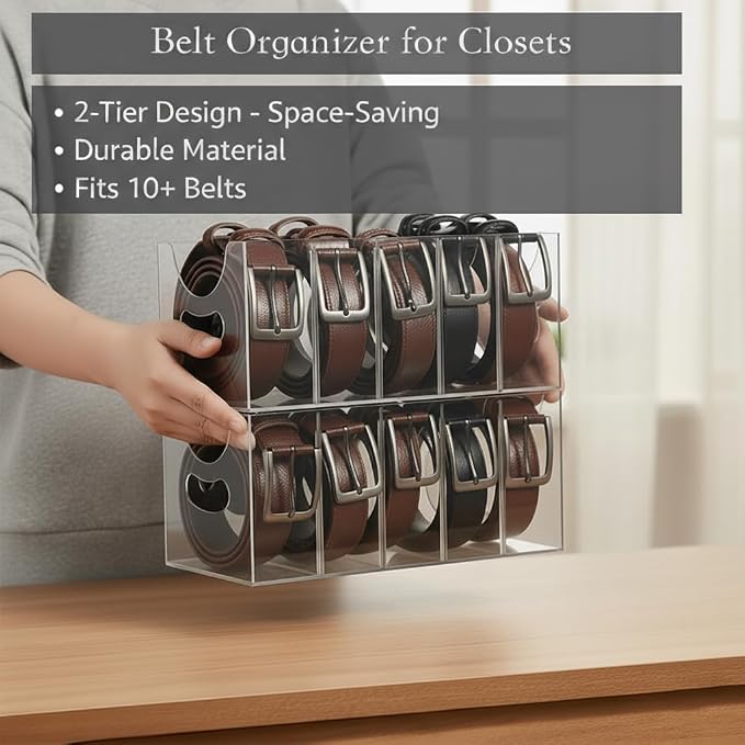 Belt storage Organizer for Closet with Removable Dividers - 5 Compartments & Handles Drawer organization and storage for underwear, Socks, and Bow Ties Acrylic Belt Organizers (1pack)