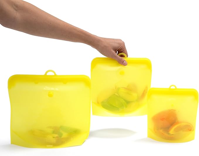 TM REHOBOTH Reusable Silicone Food Storage Bags - Eco-Friendly, Leakproof, Freezer Safe, Dishwasher Safe, Multipurpose, 3-Pack, 3-Sizes of 500ml,1000ml,1500ml (YELLOW)