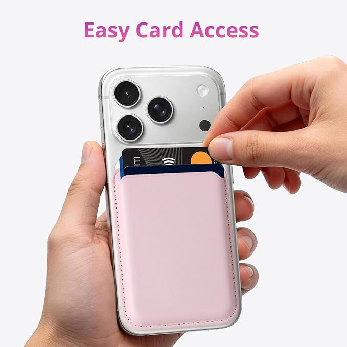 Magnetic Wallet Phone Card Holder for Phone Case with Mag-Safe, Stronger Magnetic RFID Leather Phone Wallet Stick on Series of iPhone 17/16/15/14/13/12 and Pro/Promax, Blush Pink