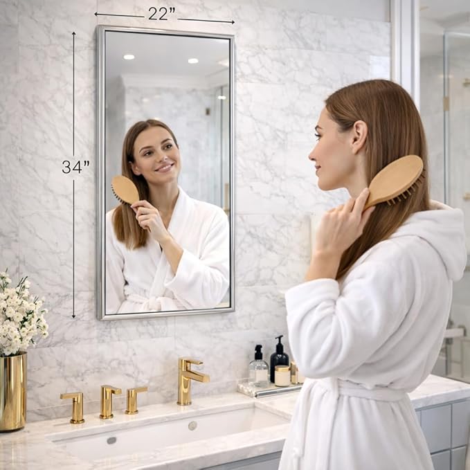 Head West Spectrum Modern Rectangular Mirror 22" x 34", Brushed Nickel Finished Stainless Steel Framed Bathroom Mirrors for Over Sink and Living Room and Entry Way