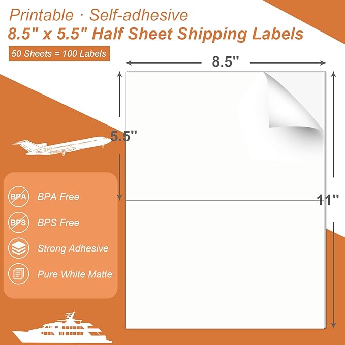 Half Sheet 8.5x5.5inch Shipping Mailing Label 100 Counts, 2 Labels Per Sheet 8.5 x 11 for Laser & Inkjet Printer, Permanent Adhesive Label Square Corner (50 Sheets)