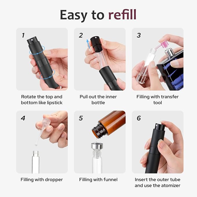 LISAPACK 8ML Atomizer Perfume Spray Bottle for Travel (3 PCS) Empty Cologne Dispenser, Portable Sprayer (Black, Silver, Brown)