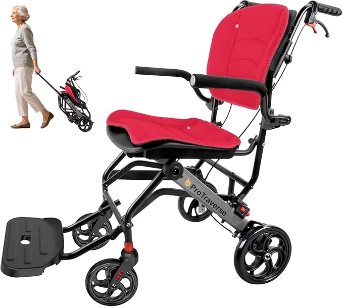 Wheelchairs for Adults,Transport Wheelchair Lightweight Foldable with Removable Cushion,Transport Chair,Ergonomic Travel Wheelchair with Telescopic Handle,Gifts for Grandma,Red